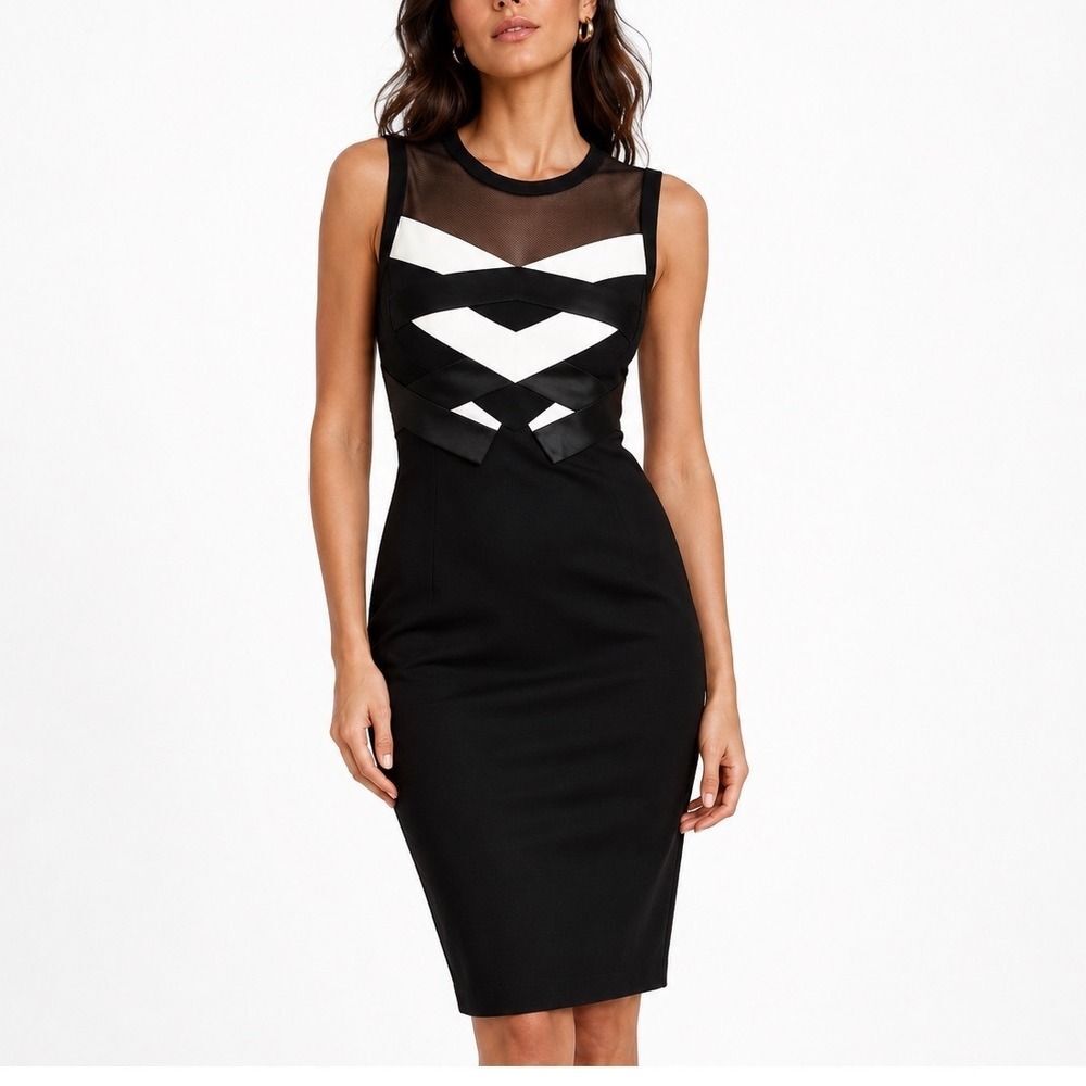 Karen Millen Sheath Dress Women's Size 2 Black Career Wear Sleek Fitted Mesh Det